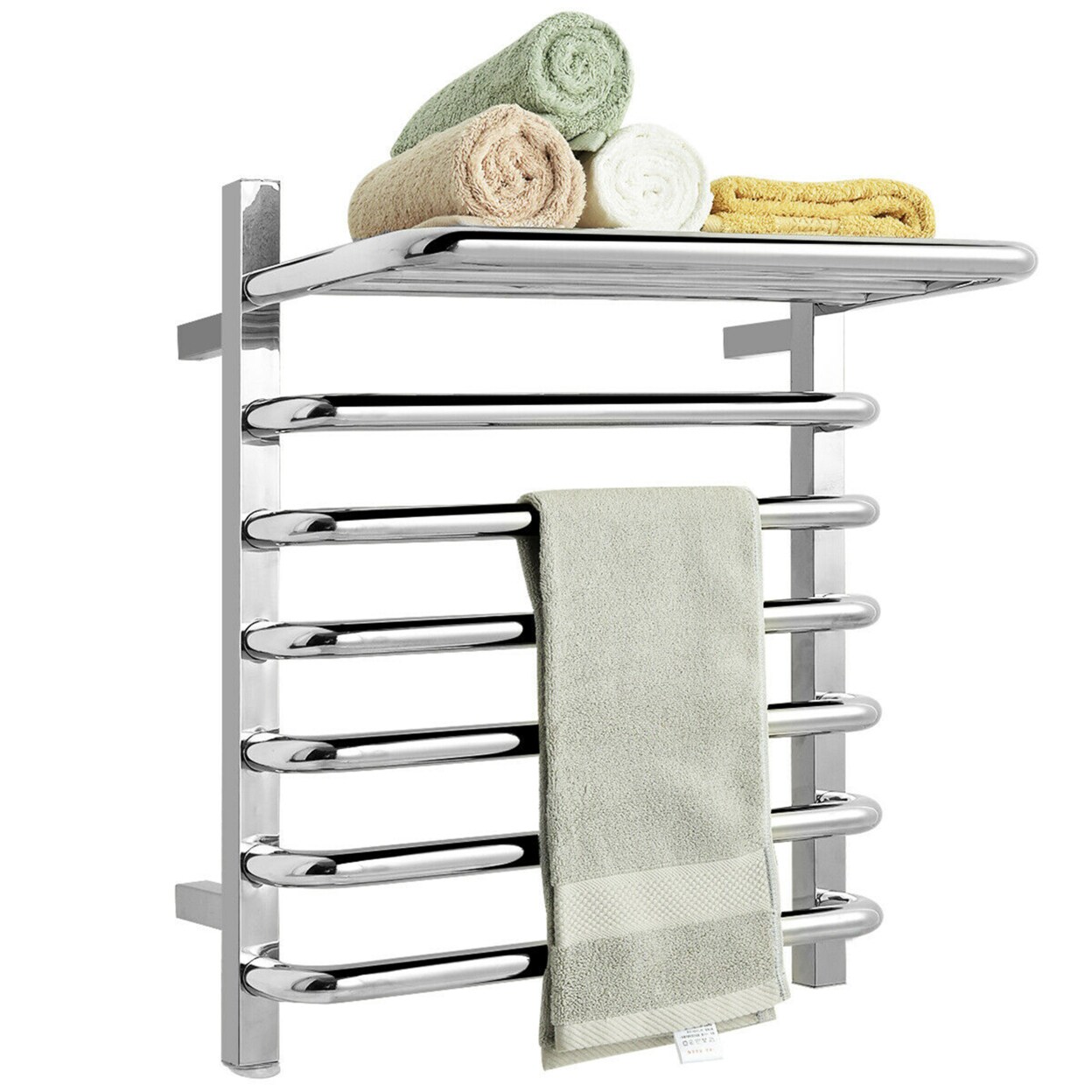 Gymax 10-Bar Wall Mounted Towel Warmer Stainless Steel Plug-in Towel Rack w/ Top Shelf