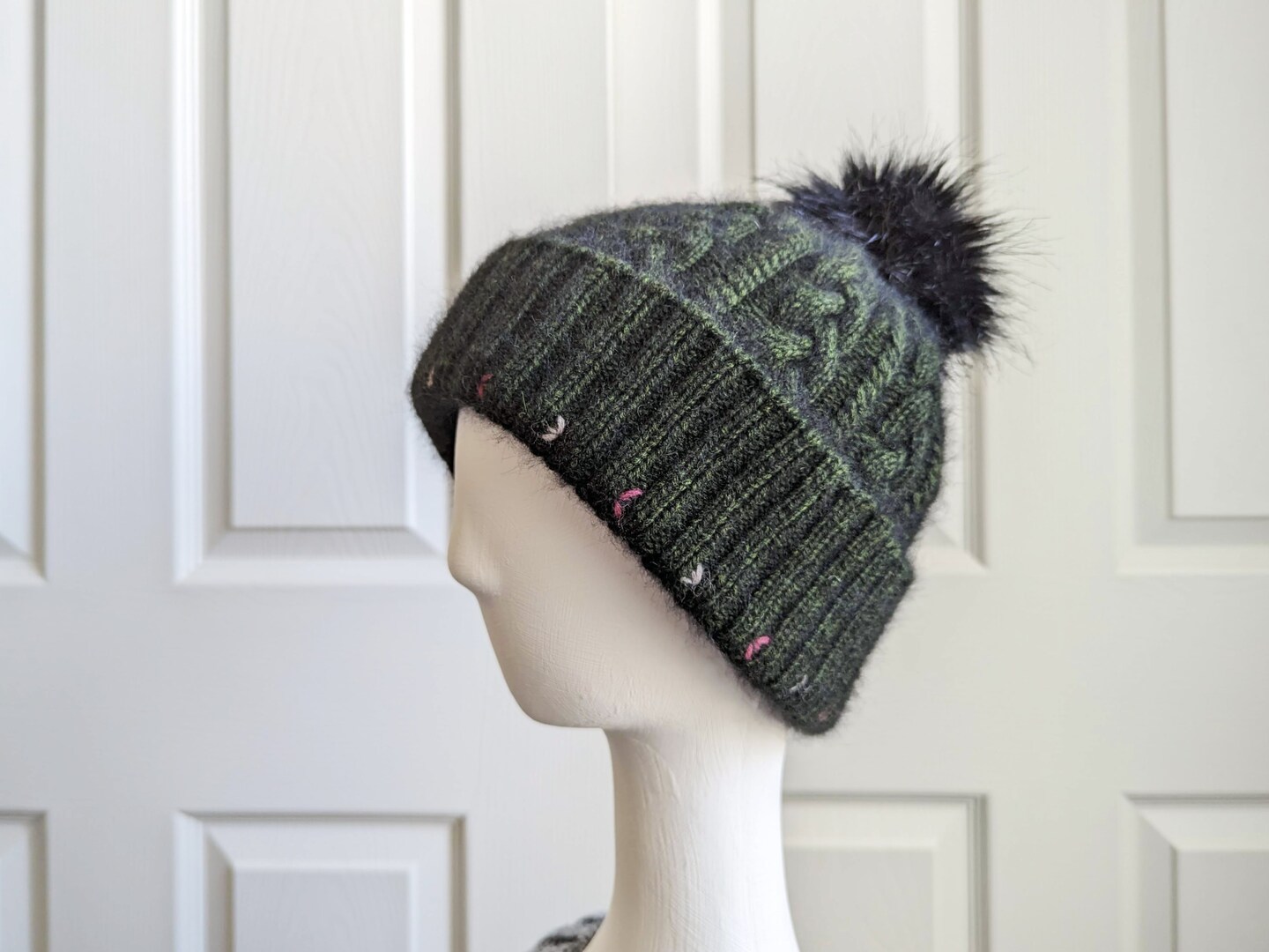 Green Knit Beanie Hat with Black Faux Fur Pom Pom - Winter Warm Cap for Men  and Women