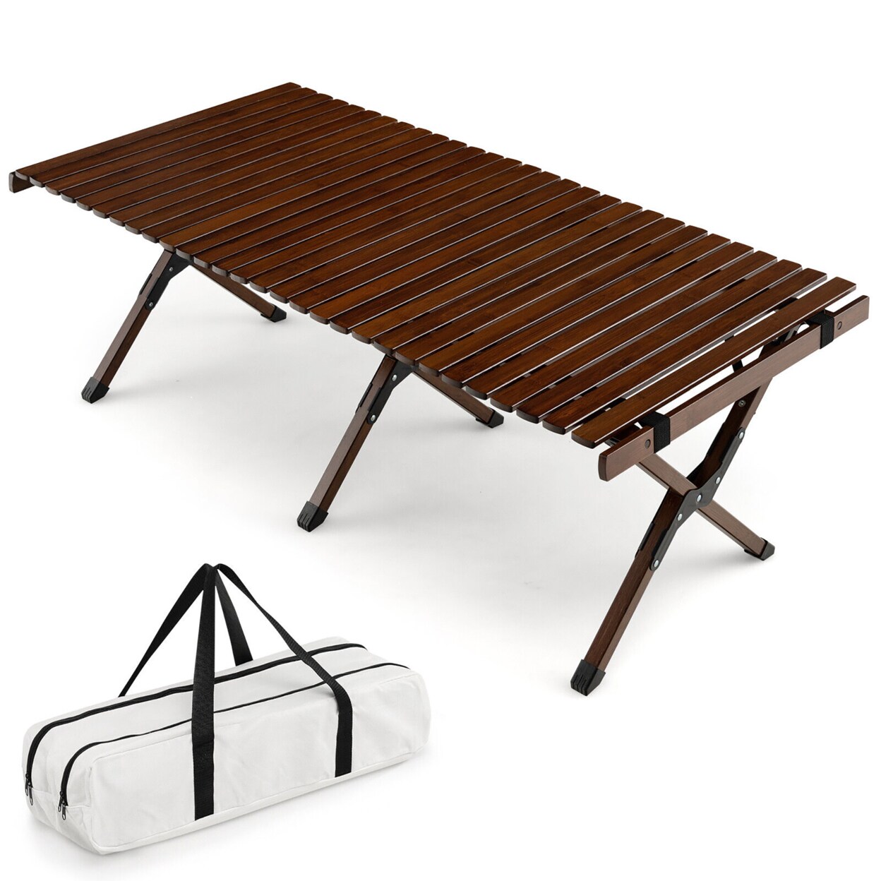 Portable Folding Bamboo Camping Table W/ Carry Bag Outdoor And Indoor