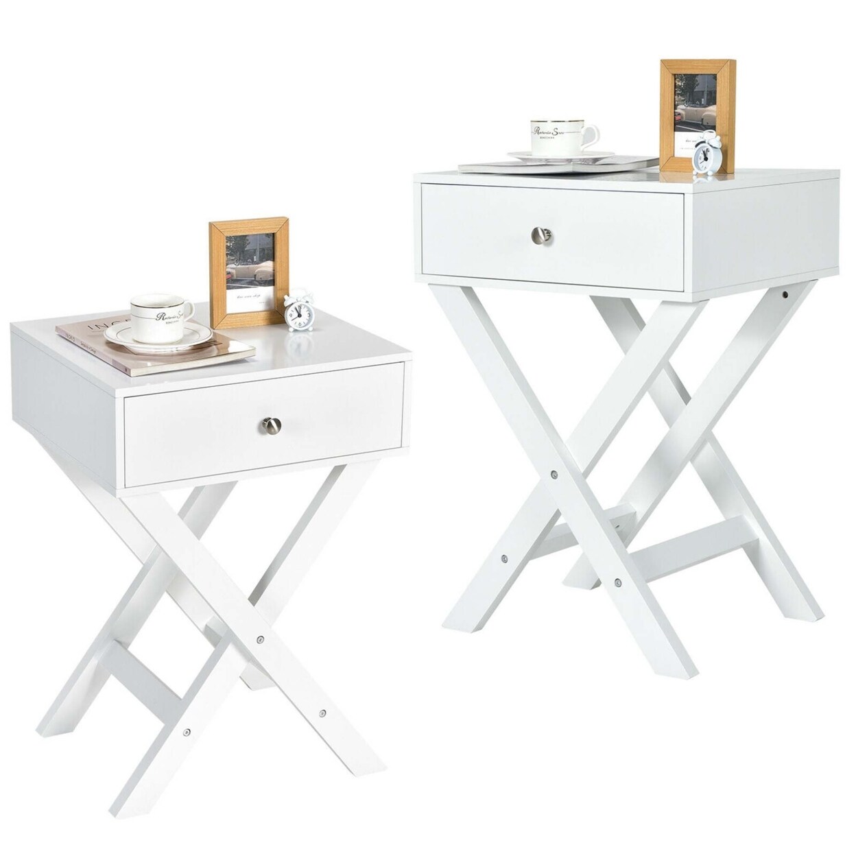 Set Of 2 X-Shaped Nightstand Side End Table Bedside Table W/ Drawer