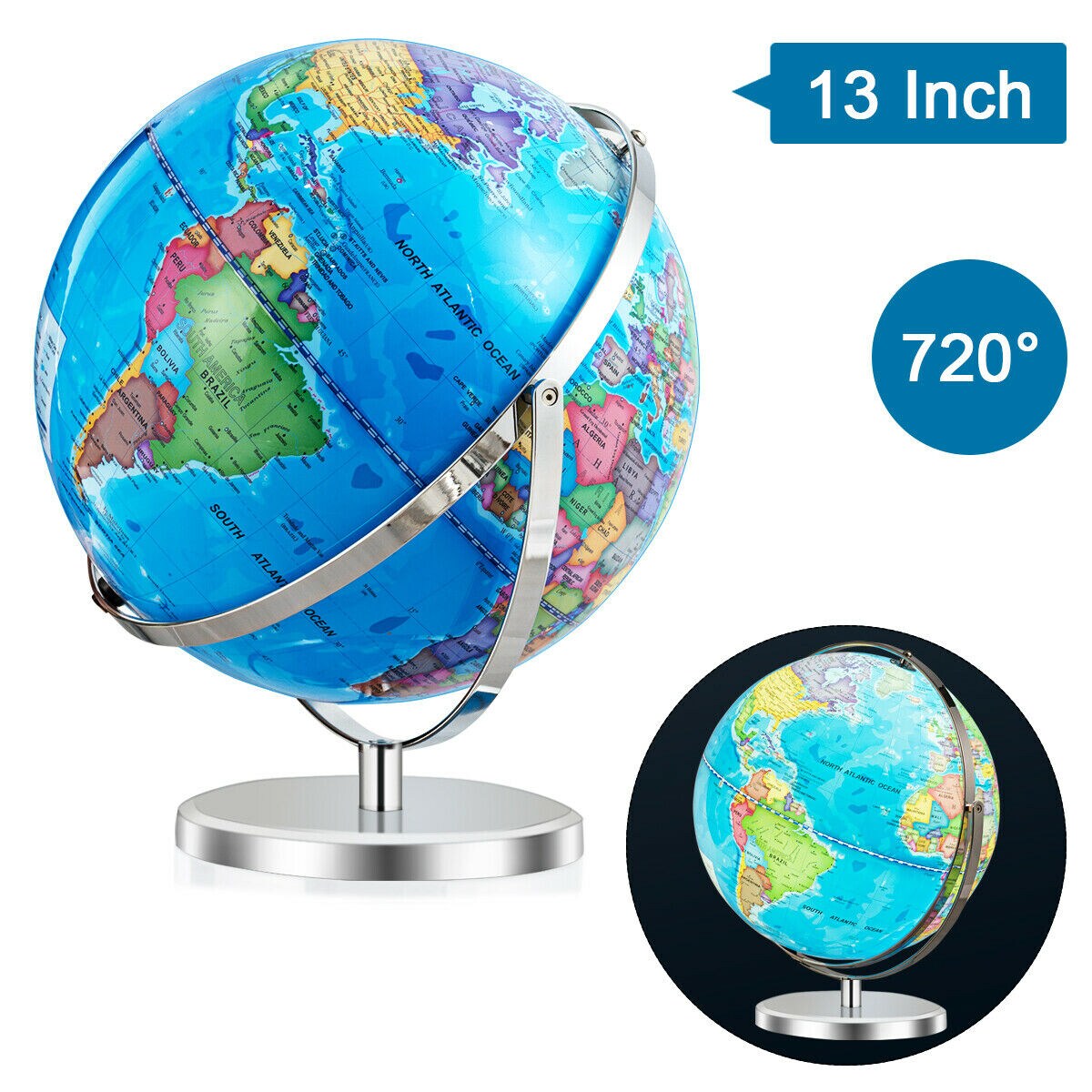 Gymax 13&#x22; Illuminated World Globe 720 Degree Rotating Education Cartography Map W/ LED