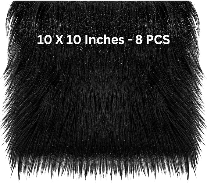 FabricLA Faux Fur Fabric - 8 Pieces Square Fur Material Fabric - 10" X 10" Inches (25cm x 25cm) - Shaggy Fur Patches Fabric Cuts Chair Cover Seat Cushion for DIY Craft - Black