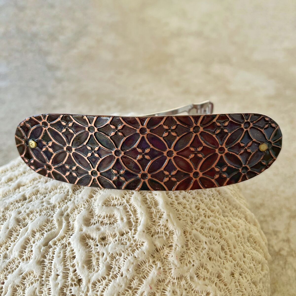 Large Copper Hair Clip, Black with Copper Flowers, Metalsmith Made with Rivets