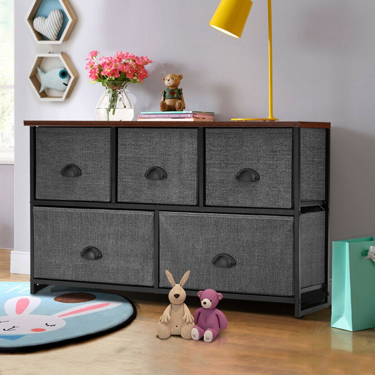 5 Drawers Dresser Storage Unit Side Table Display Organizer Dorm Room Wood Black