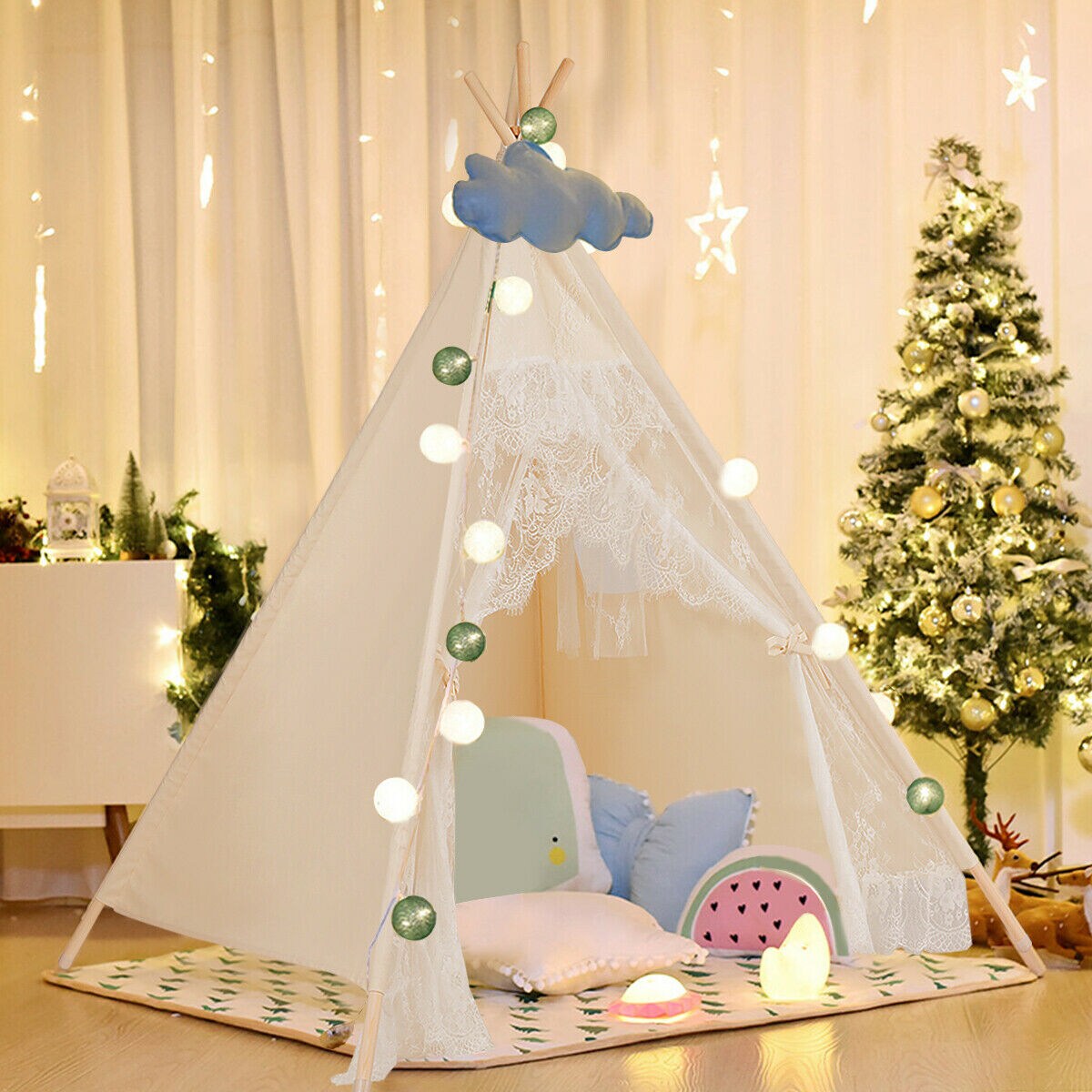 Gymax Kids Lace Teepee Tent Folding Children Playhouse W/Bag Christmas