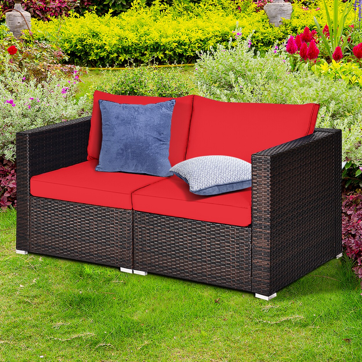 2Pcs Rattan Corner Sofa Set Patio Outdoor Furniture Set W/ 4 Red Cushions