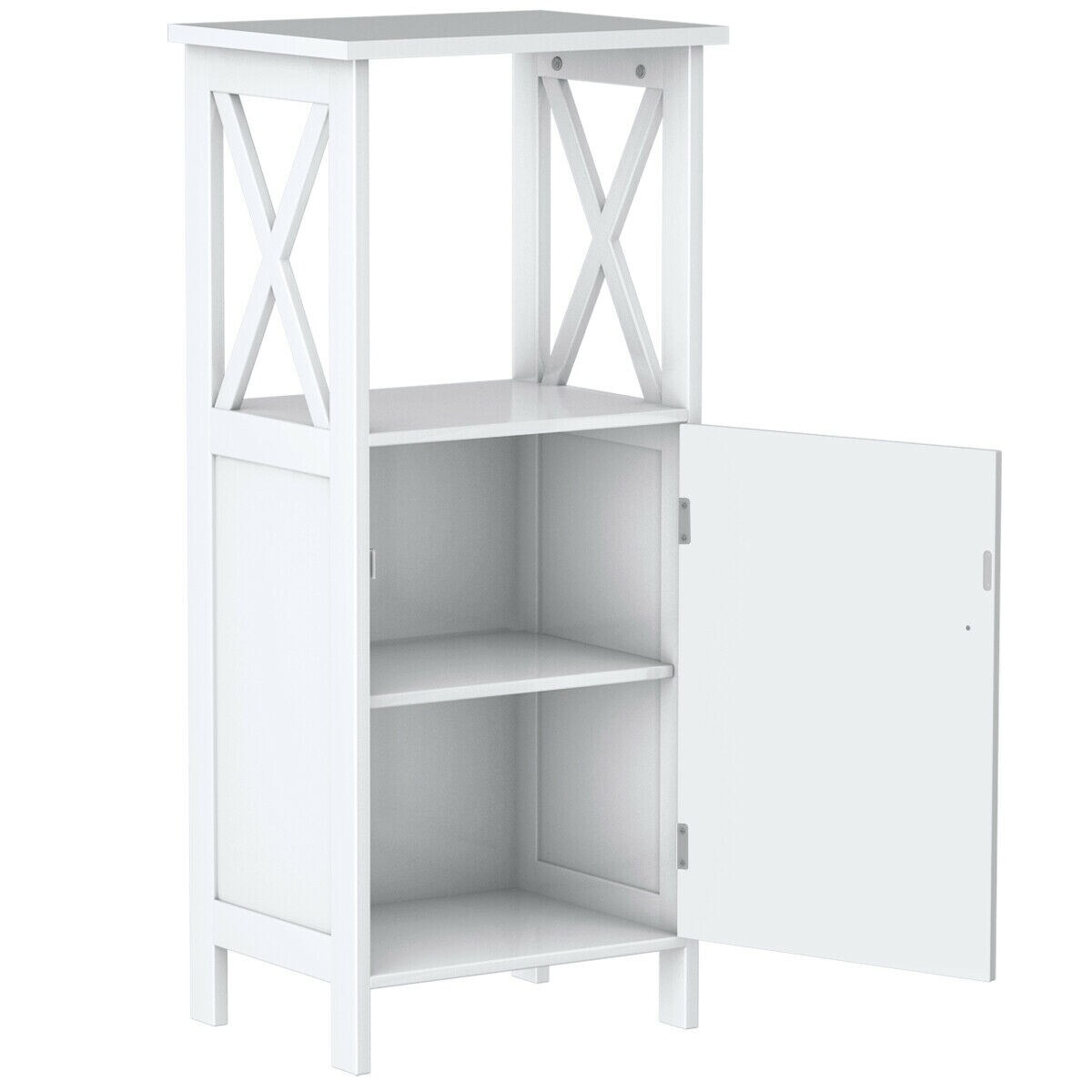 Gymax Bathroom Floor Storage Cabinet Organizer w/ Door Adjustable Shelf White