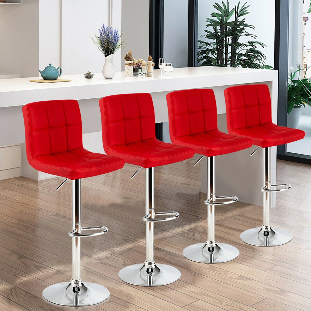 Set Of 4 Pu Leather Bar Stool Swivel Bar Chair W/ Adjustable Height Red