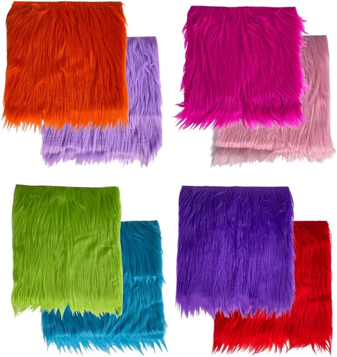 FabricLA Faux Fur Fabric - 8 Pieces Square Fur Material Fabric - 10&#x201D; X 10&#x201D; Inches (25cm x 25cm) - Shaggy Fur Patches Fabric Cuts Chair Cover Seat Cushion for DIY Craft - Multi-Colored