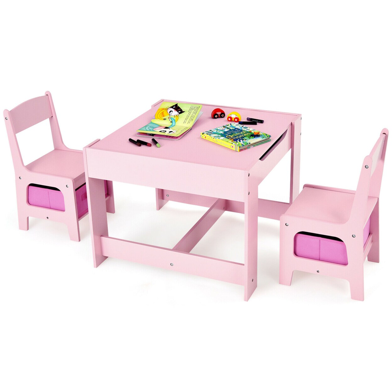 Gymax 3 in 1 Kids Wood Table Chairs Set w/ Storage Box Blackboard Drawing Pink