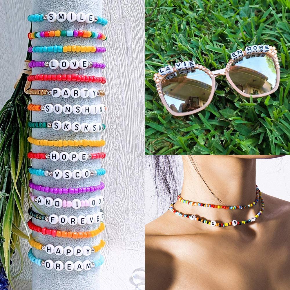 8800 Pieces Beads Kit, Including 7200 Pieces 4mm Glass Seed Beads and 1600 Pieces Letter Beads for Bracelet Jewelry Making and Crafts with 20m Crystal String and 30m Elastic String