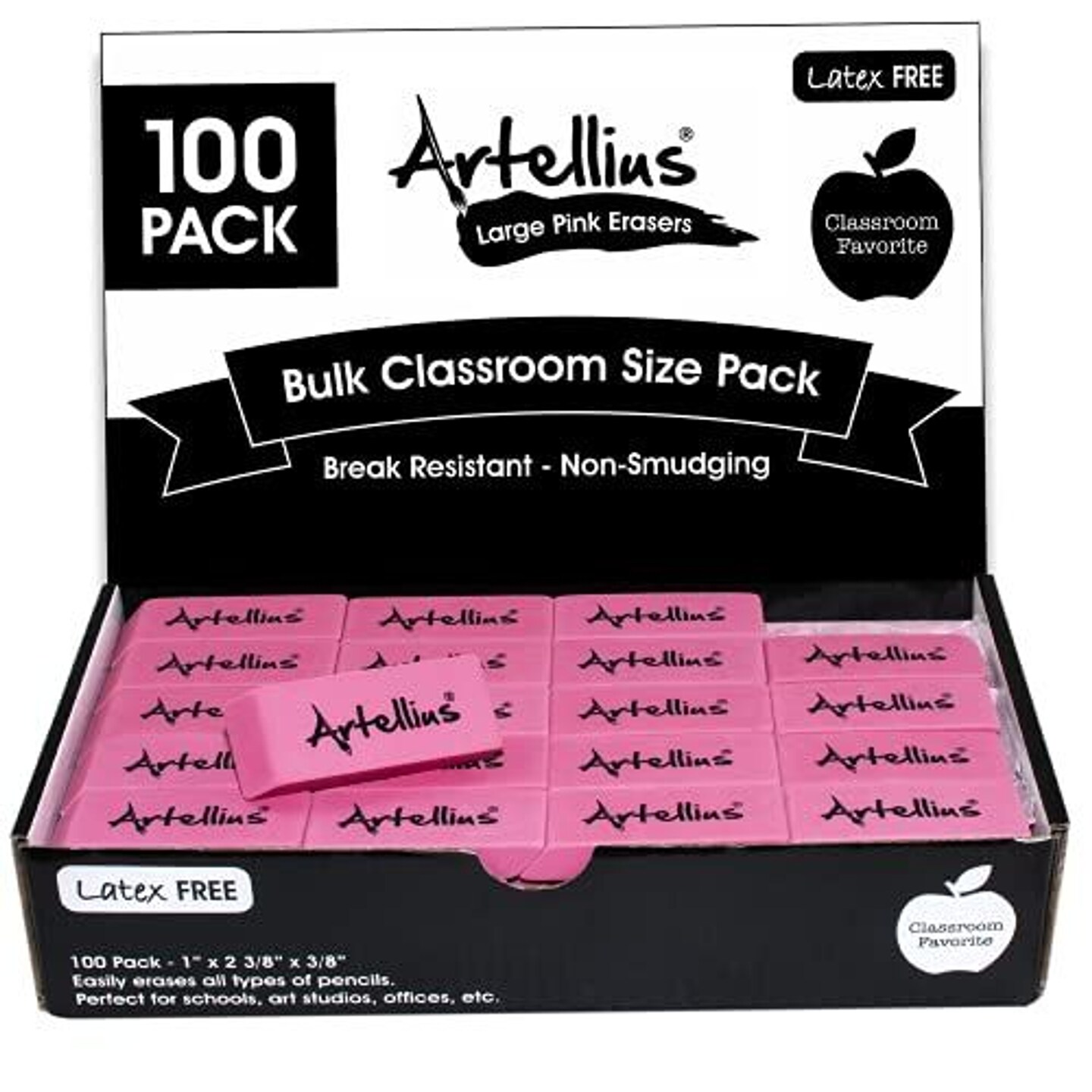 Pink Erasers Pack of 100 - Large Size, Latex &#x26; Smudge Free - Bulk School Supplies for Classrooms, Teachers, Homeschool, Office, Art Class, and More!