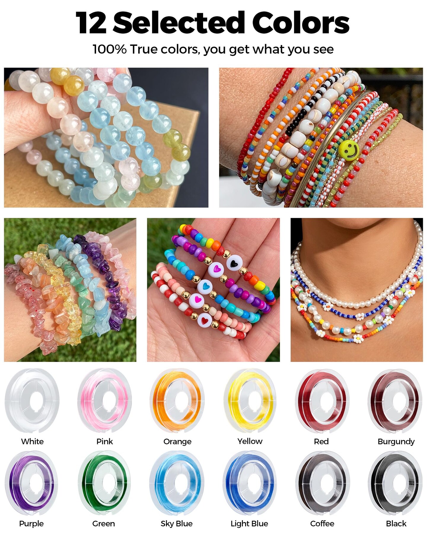 12 Roll 0.7mm Flat Elastic Bracelet String Cord, 12 Color High Stretch Beading Elastic String for Bracelets Necklace Jewelry Making, Stretchy Thread Cord for Clay Beads, Crystal &#x26; Pony Beads