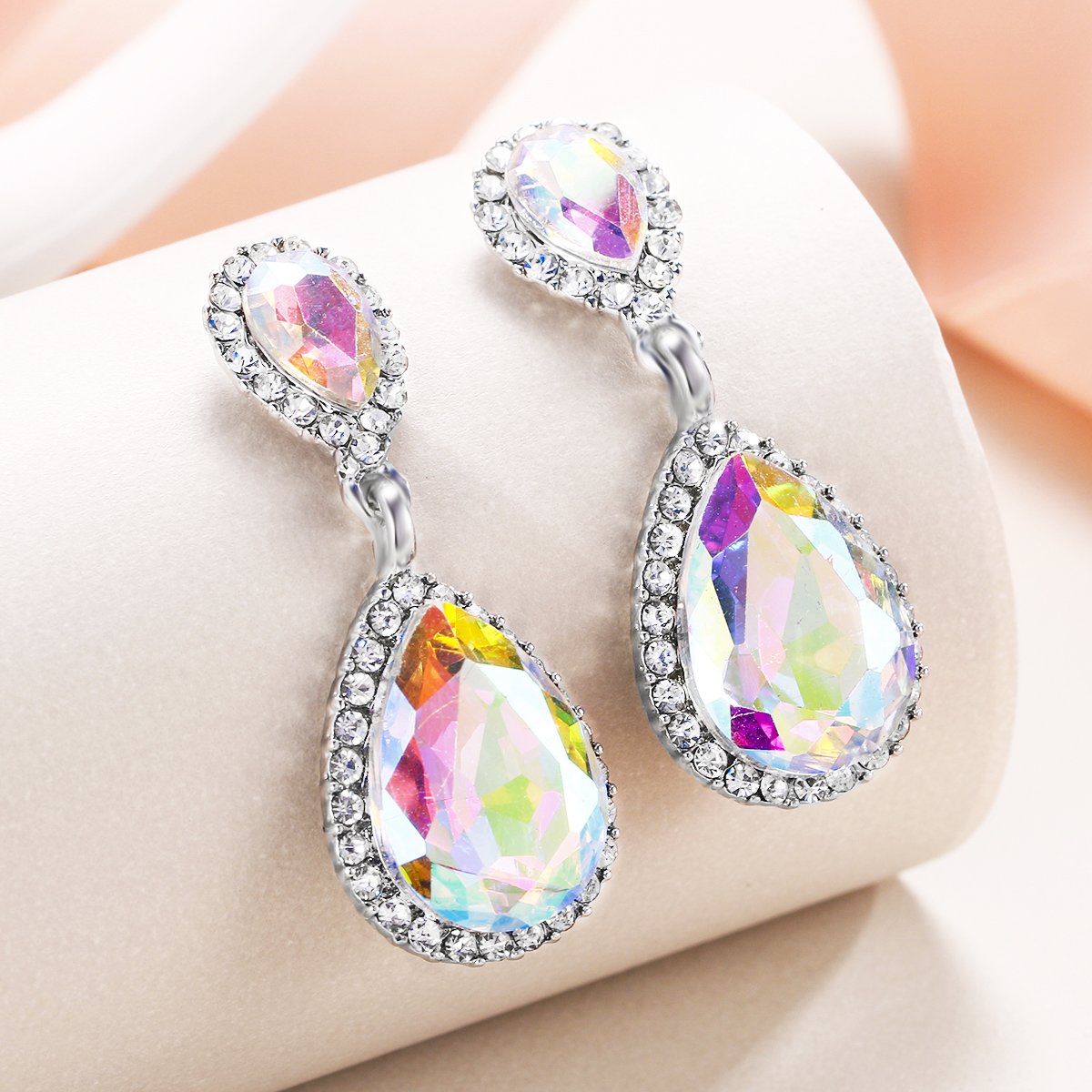 Women&#x27;s Austrian Crystal Wedding Tear Drop Dangle Earrings Iridescent AB Silver-Tone