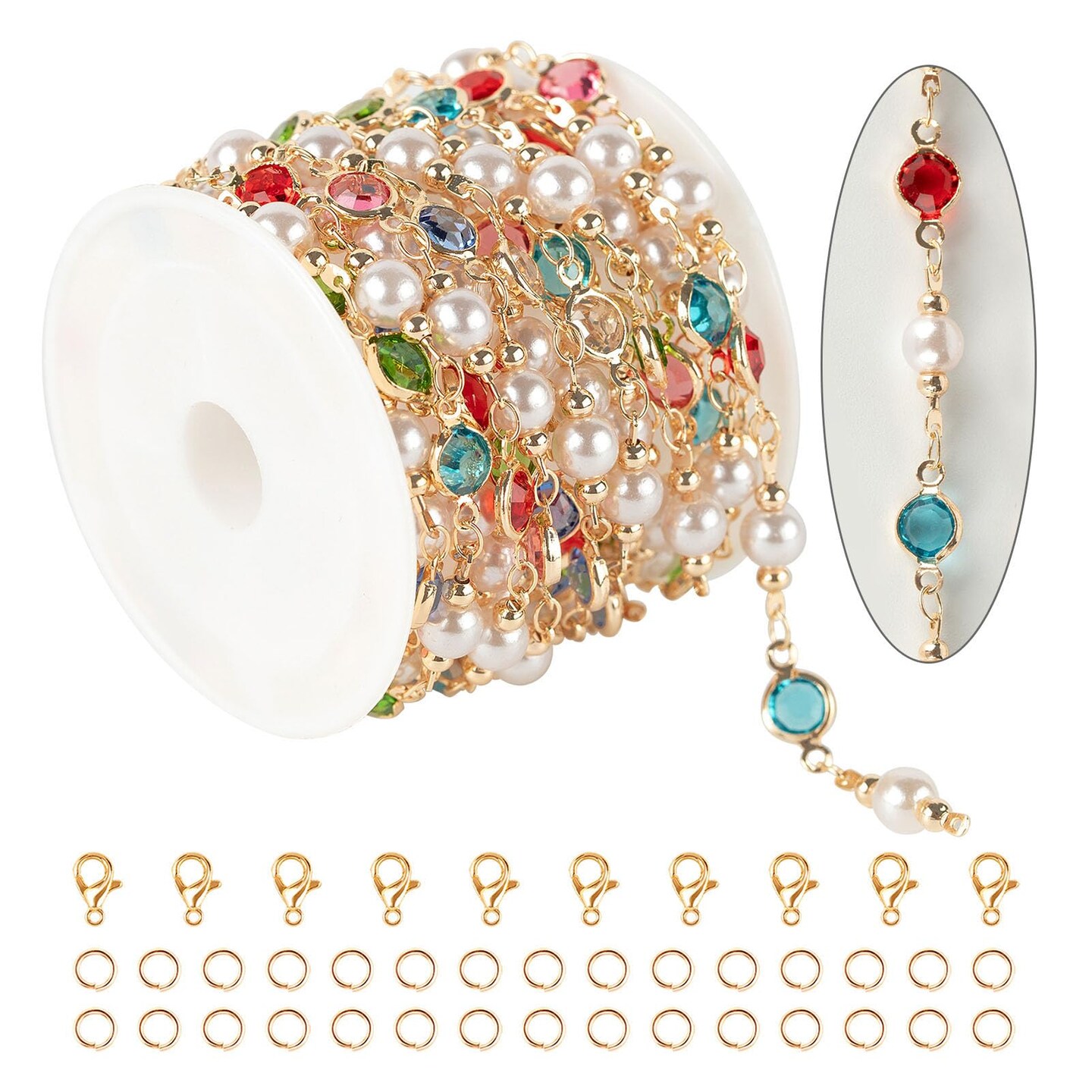 3M Artificial Pearl Chains for Jewelry Making, Mixed Color Rhinestone Jewelry Chains Bulk with Jump Rings and Lobster Clasps Jewelry Supplies Findings