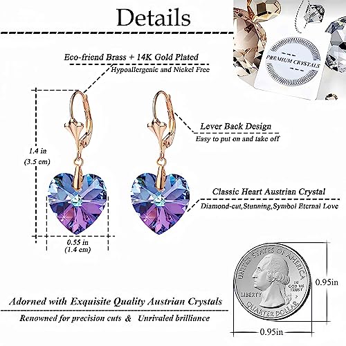 Crystal Heart Drop Leverback Earrings for Women Fashion Dangle Earring 14K Rose Gold Plated Hypoallergenic Jewelry (Vitrail Light)