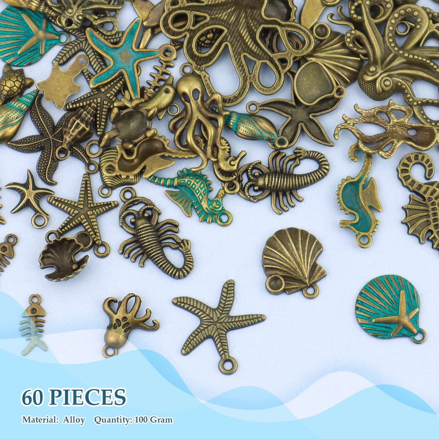 60 Pieces 100 Gram Assorted Antique Ocean Themed Charms Bronze Ocean Fish Sea Creatures Beads Pendants for Jewelry Making and Craft Making