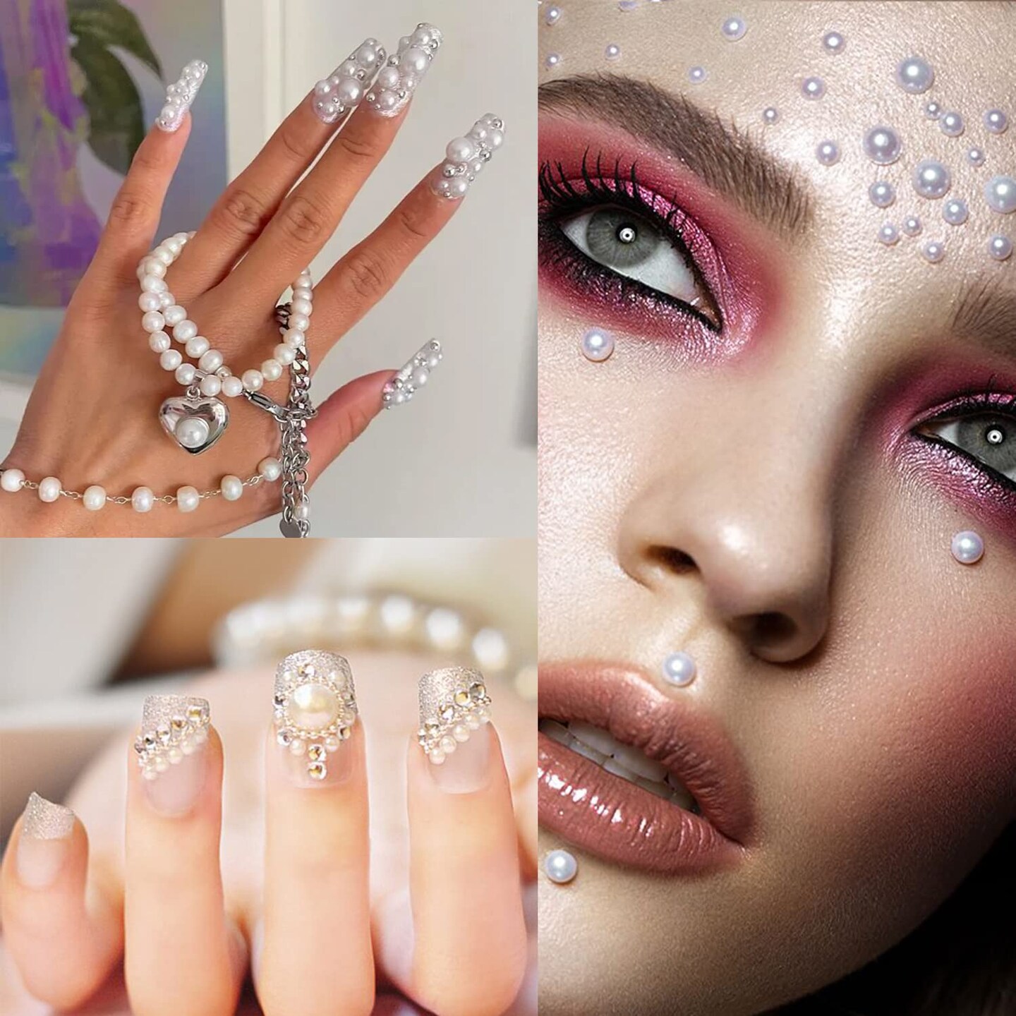 4000 Pieces Half Round Pearls and Rhinestones, Flat Back White and Beige Half Pearls and Clear+AB Round Crystal Gem Kit with Tweezer and Pickup Pencil for Nail Art and DIY Decoration