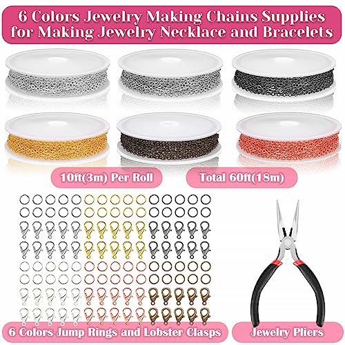 60 FT Chains for Jewelry Making, Jewelry Making Chains for Necklace with Pliers, Open Jump Rings and Lobster Clasps for Making Jewelry DIY Necklace Bracelet Anklet, 6Colors 2mm