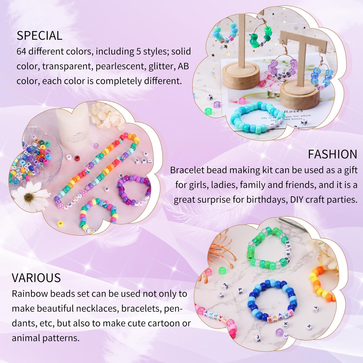 2350 Pieces, 64 Colors, Pony Beads for Bracelet Making Kit, Rainbow Kandi Beads Friendship Bracelet Kit, Letter Beads and Elastic Strings for Bracelet Necklace Making, Craft Gifts Set for Girls