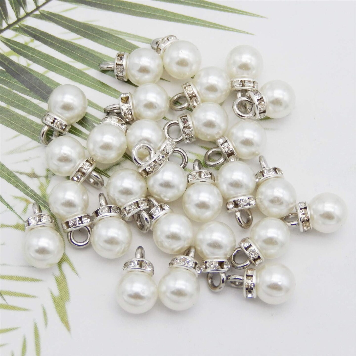 100 Pieces 8mm White Imitation Pearl Charms Pendants Faux Pearl Beads Charms with Rhinestone for Dangle Earrings Necklace Jewelry Making