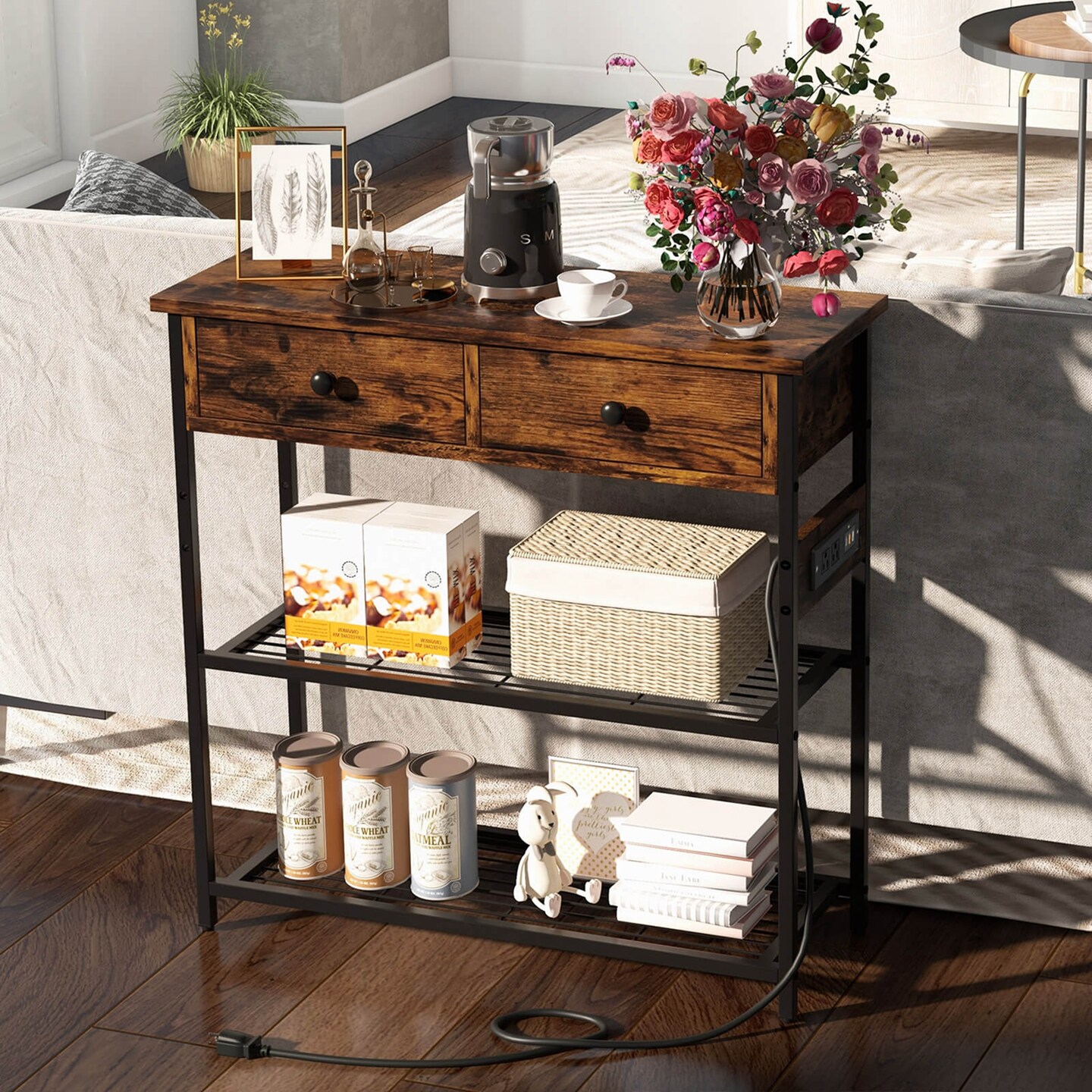 Costway Entryway Table with Charging Station Narrow Console Table with 2 Drawers Brown/Oak