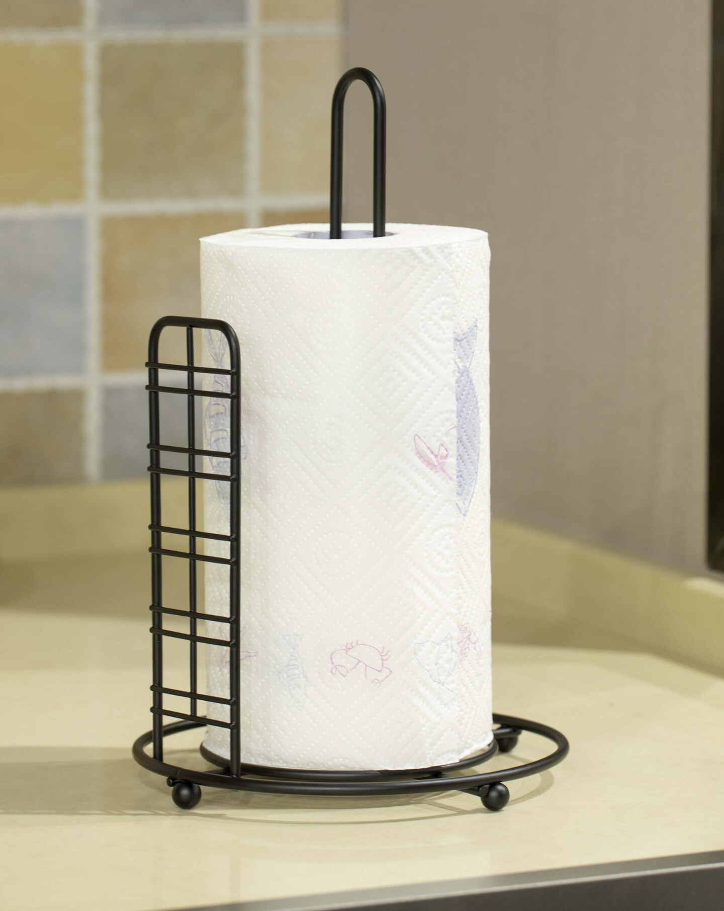 Freestanding Round Single Roll Sturdy Black Iron Towel Paper Holder Stand Roll Dispenser, Countertop Portable Stand for Kitchen, Dining Room, and Office
