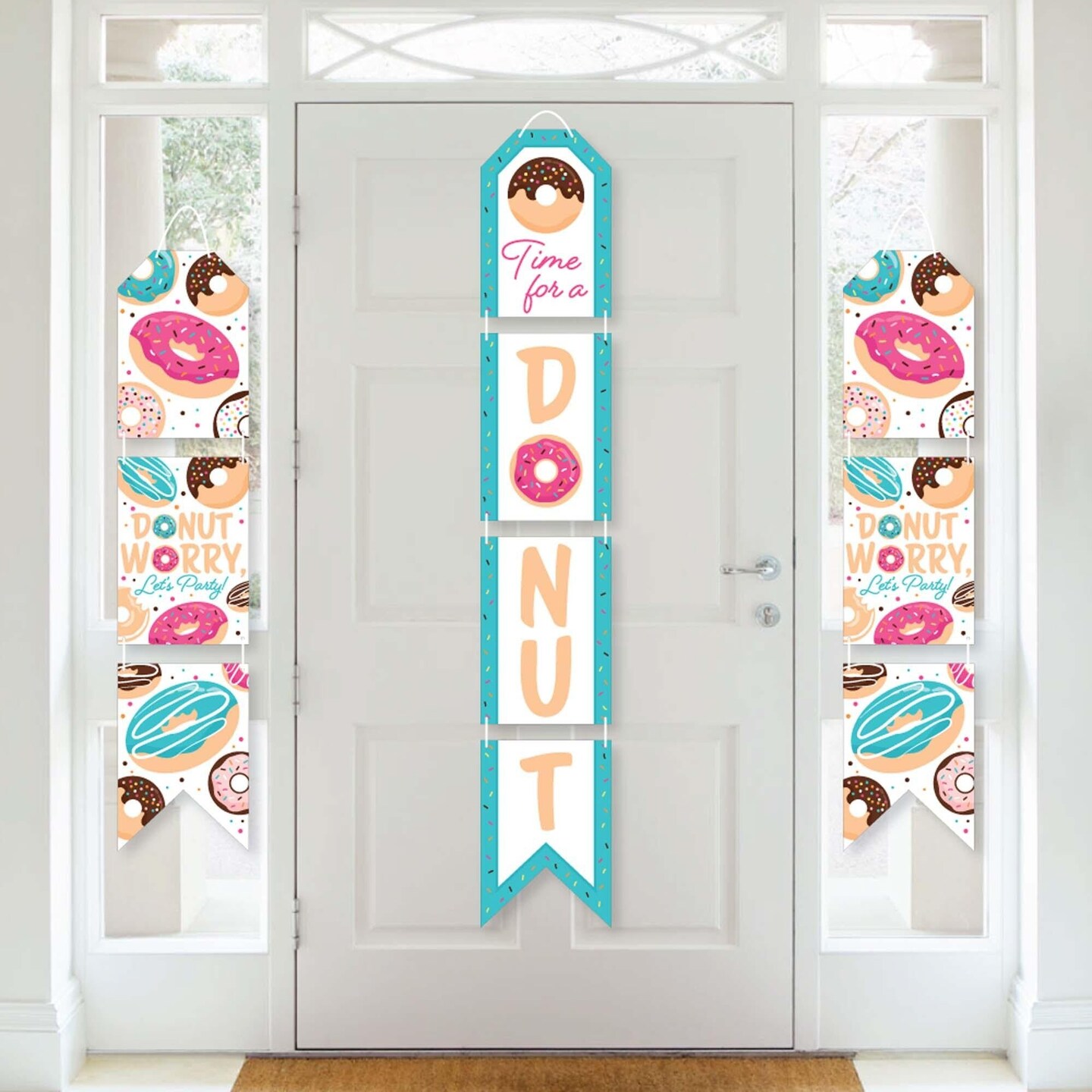 Big Dot of Happiness Donut Worry, Let's Party - Hanging Vertical Paper Door Banners - Doughnut Party Wall Decoration Kit - Indoor Door Decor