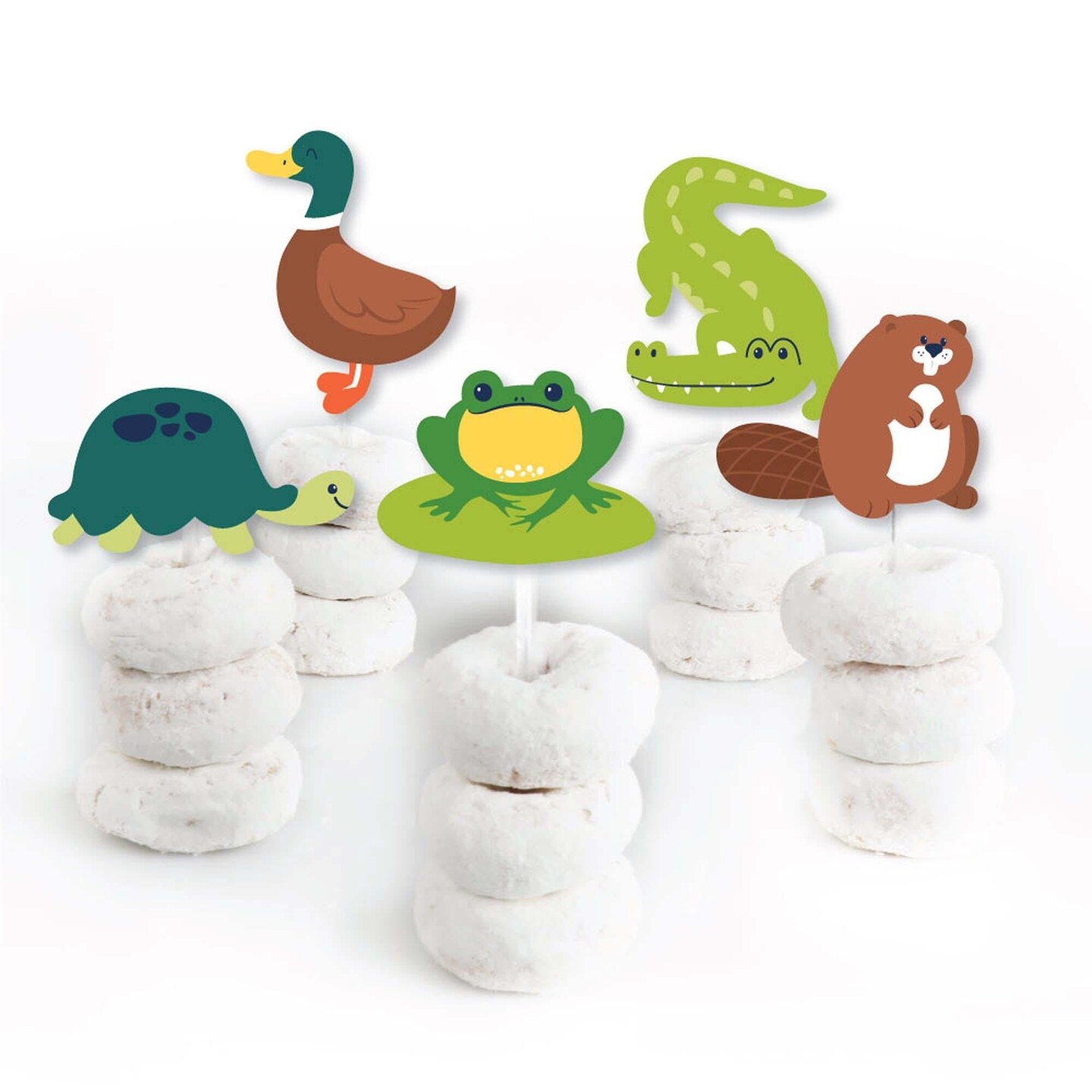 Big Dot of Happiness Pond Pals - Dessert Cupcake Toppers - Frog Alligator Turtle Beaver &#x26; Duck Birthday Party or Baby Shower Clear Treat Picks - 24 Ct