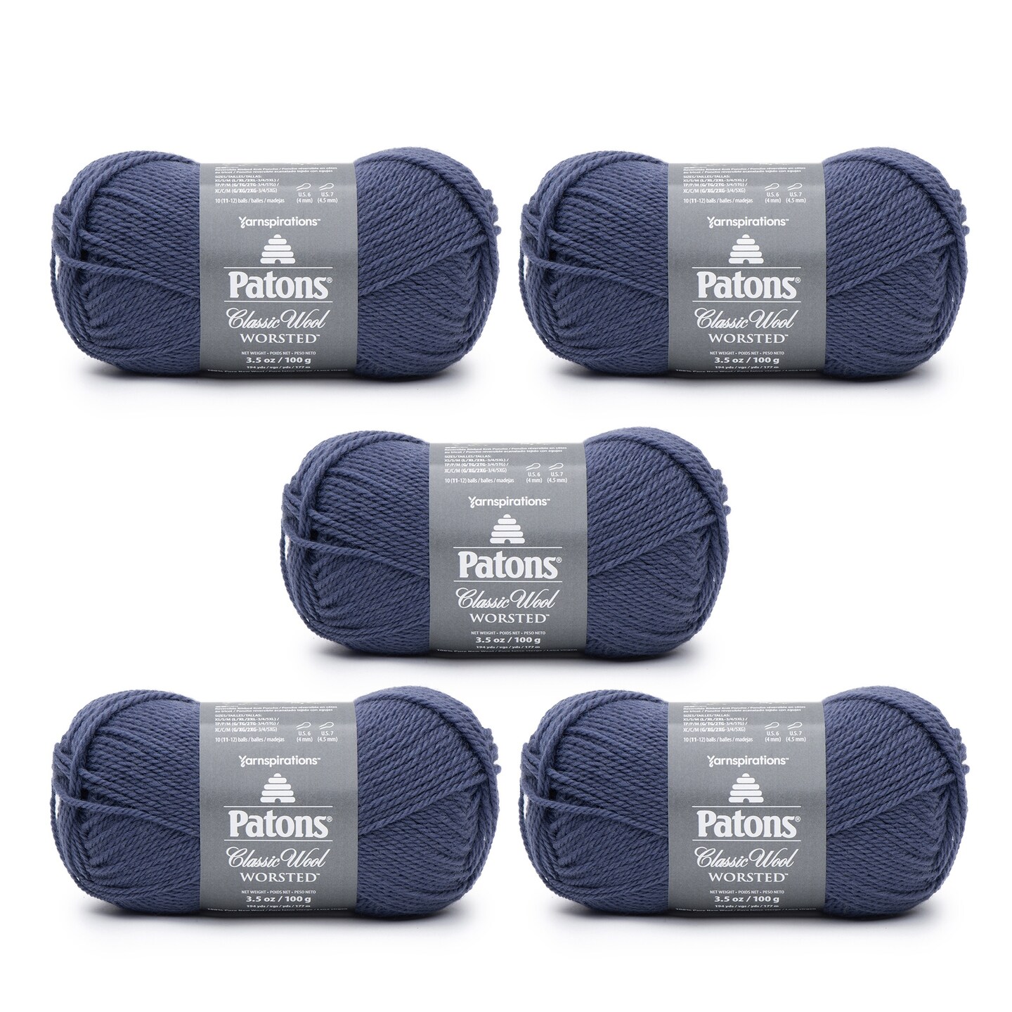 Patons Classic Wool Indigo Yarn - 5 Pack of 3.5oz/100g - Wool - 4 Medium -  210 Yards - Knitting/Crochet