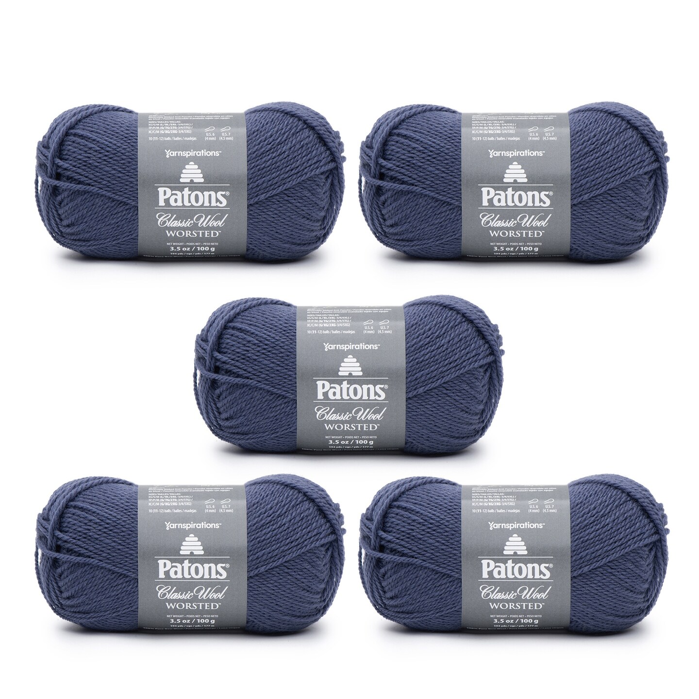 Patons Classic Wool Indigo Yarn - 5 Pack of 3.5oz/100g - Wool - 4 Medium - 210 Yards - Knitting/Crochet