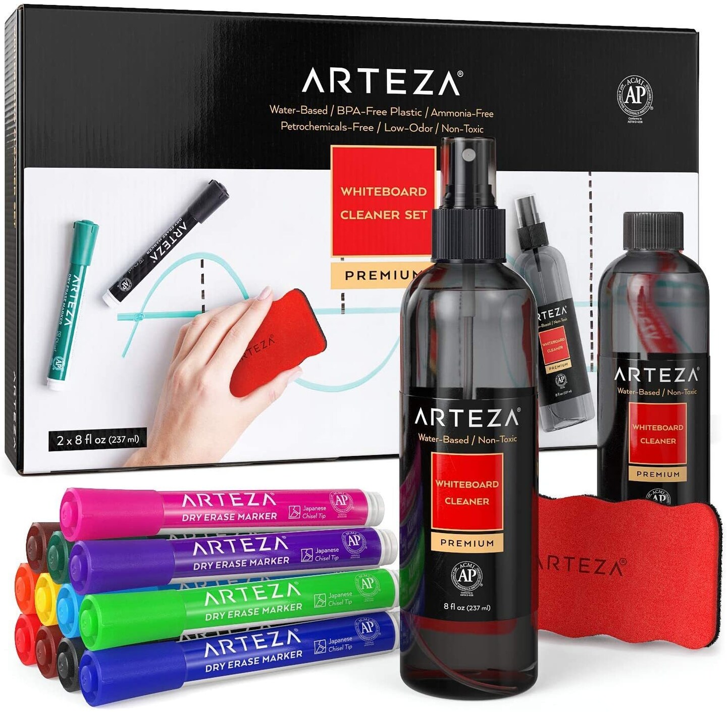 Arteza Set of 12 Chisel Tip Dry Erase Markers, Magnetic Eraser, and Whiteboard Cleaner