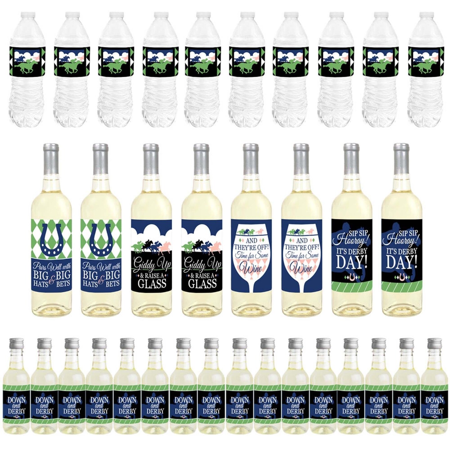 Big Dot of Happiness Kentucky Horse Derby - Mini Wine Bottle, Wine Bottle &#x26; Water Bottle Labels - Horse Race Party Decors - Beverage Bar Kit - 34 Pcs
