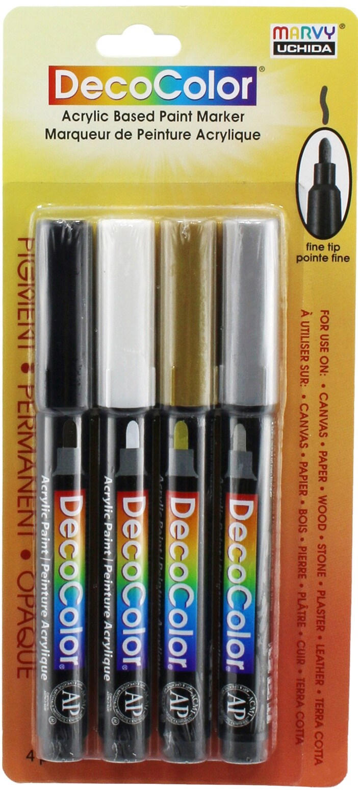 Uchida DecoColor Fine Tip Paint Marker Set 4/Pkg-Black, White, Gold And Silver