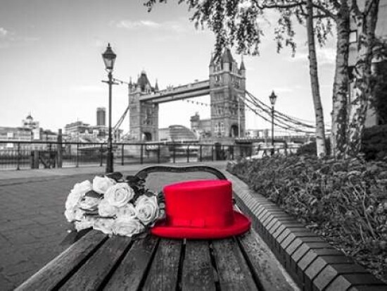 Red Hat with bunch of Roses on a bench near Tower Bridge, London, UK Poster Print by  Assaf Frank - Item # VARPDXAF20150627166C01