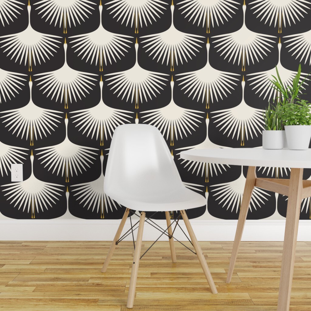 Pre-Pasted Wallpaper 2FT Wide Art Deco Cream Black Bird White Geometric ...