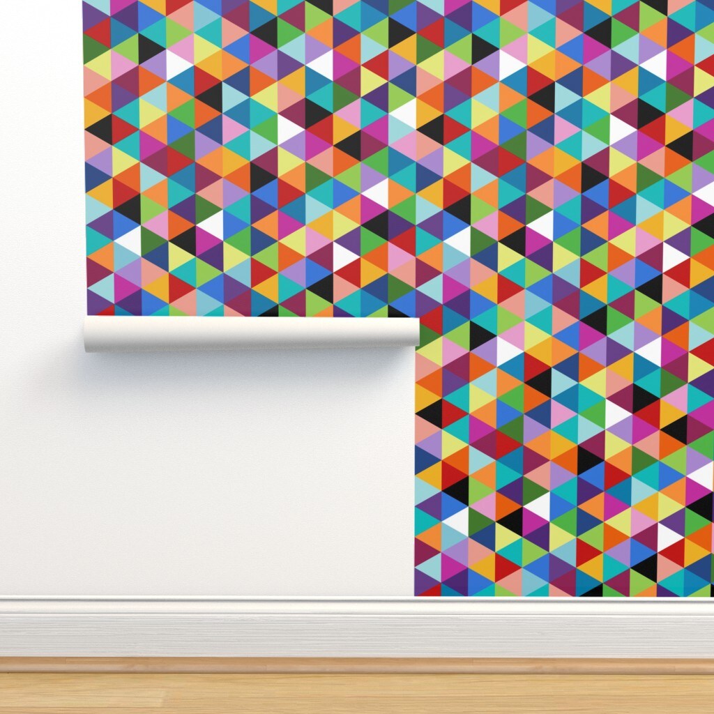 Colorful Geometric Triangle Cheater Quilt Pattern Happy Multi Color Modern Triangles Pop Art Colors Abstract Kid Room Shapes Custom Pre-pasted Wallpaper by Spoonflower Pre-Pasted Wallpaper 2FT Wide
