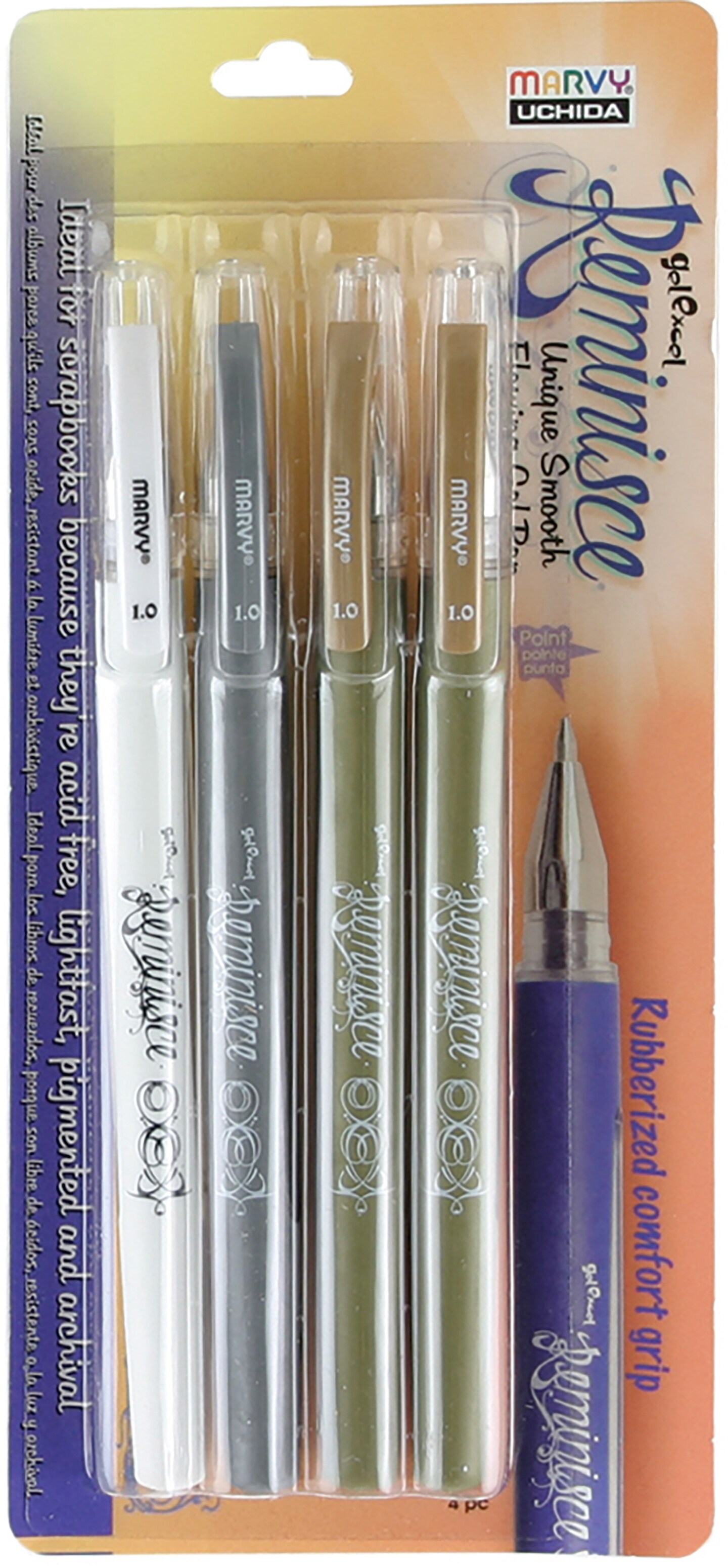 Marvy Uchida Gel Reminisce Pen Set 4/Pkg-2 Gold, 1 Silver &#x26; 1 White