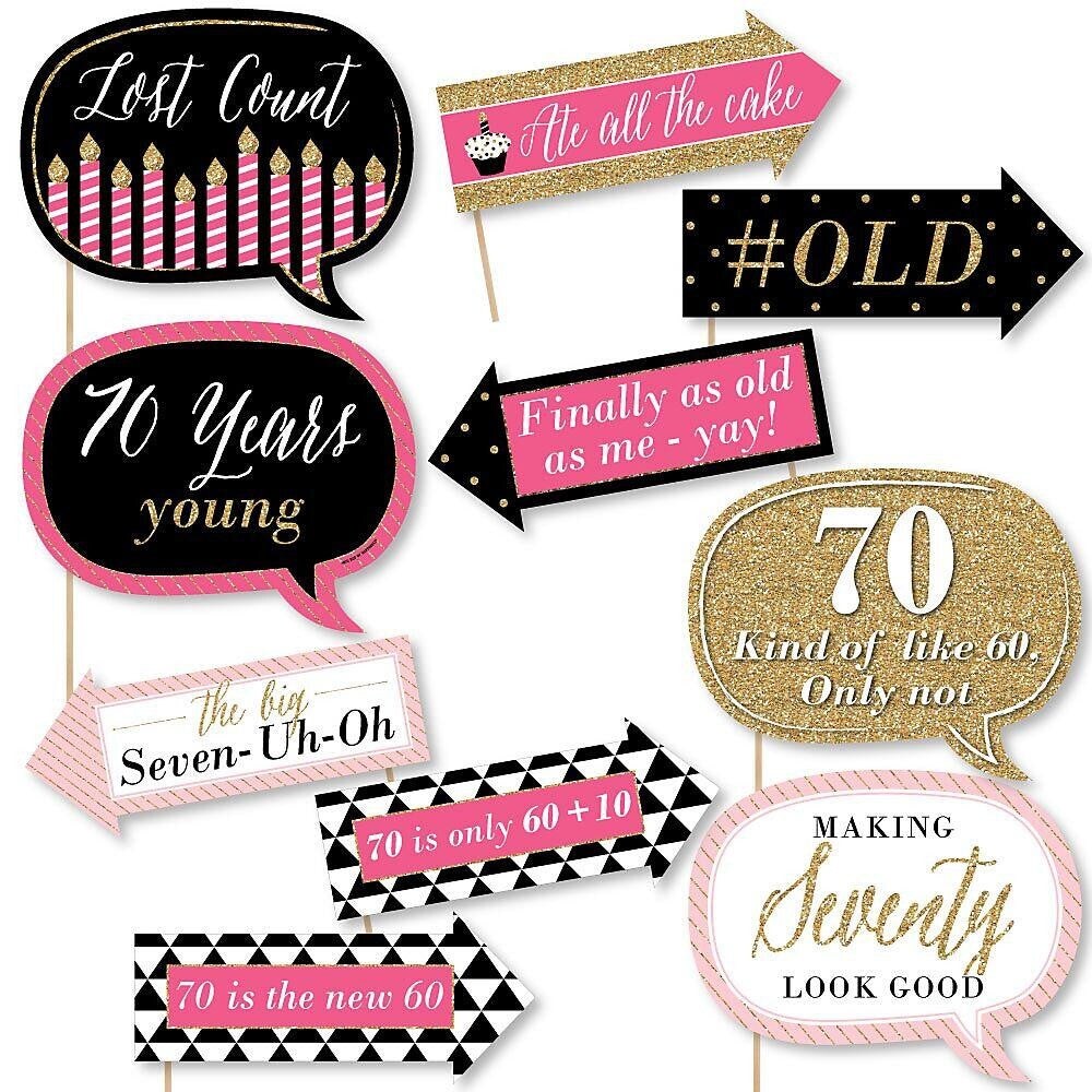 Big Dot of Happiness Funny Chic 70th Birthday - Pink, Black and Gold - Birthday Party Photo Booth Props Kit - 10 Piece