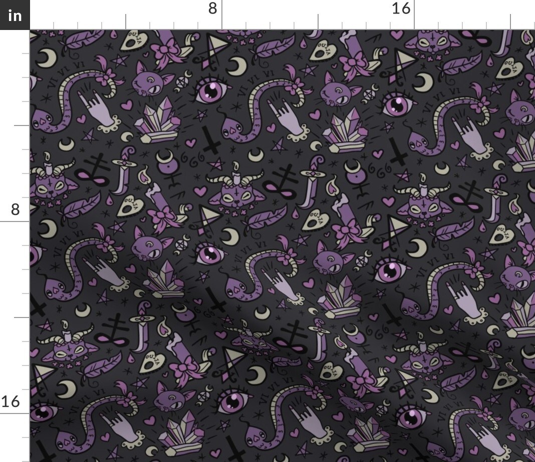 Cute Occult Dark Halloween Devil Spooky Gray Purple Black Magic Goth Custom Printed Fabric by Spoonflower Various Fabrics by the Yard or Fat Quarter