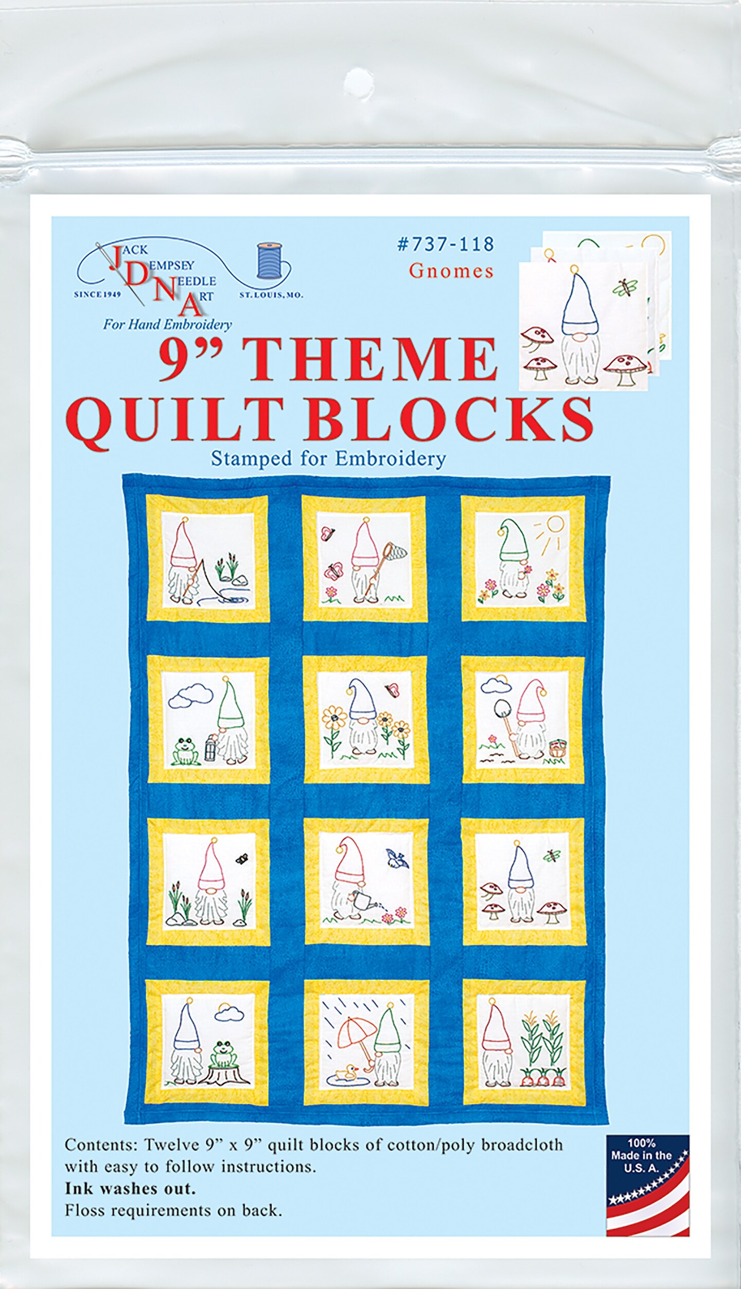 Jack Dempsey Themed Stamped White Quilt Blocks 9&#x22;X9&#x22; 12/Pkg-Gnomes