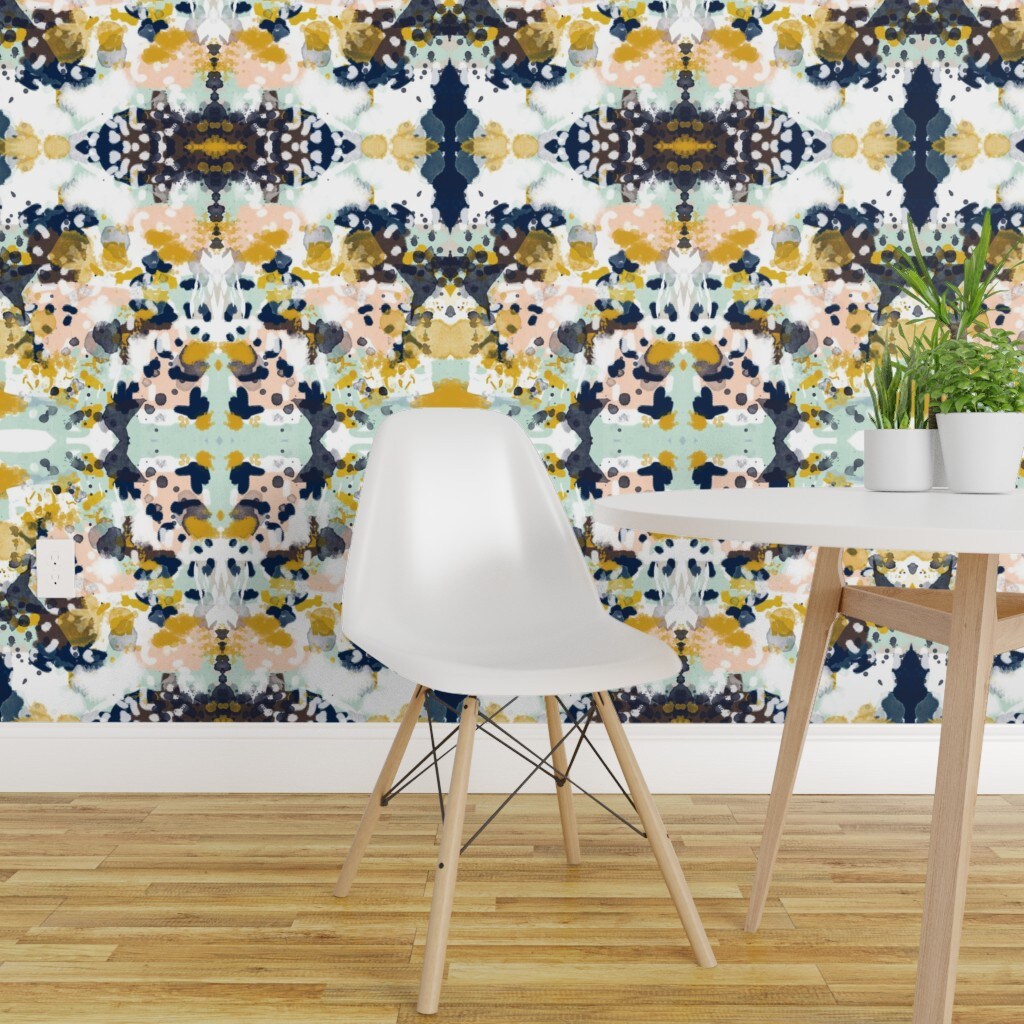 Peel & Stick Wallpaper 2FT Wide Abstract Painterly Painting Decor Kids Winter Navy Mint Mustard Modern Yellow Blue Pink Tie Dye Custom Removable Wallpaper by Spoonflower