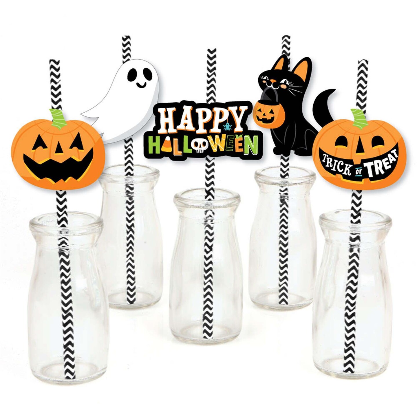 Big Dot of Happiness Jack-O&#x27;-Lantern Halloween - Paper Straw Decor - Kids Halloween Party Striped Decorative Straws - Set of 24