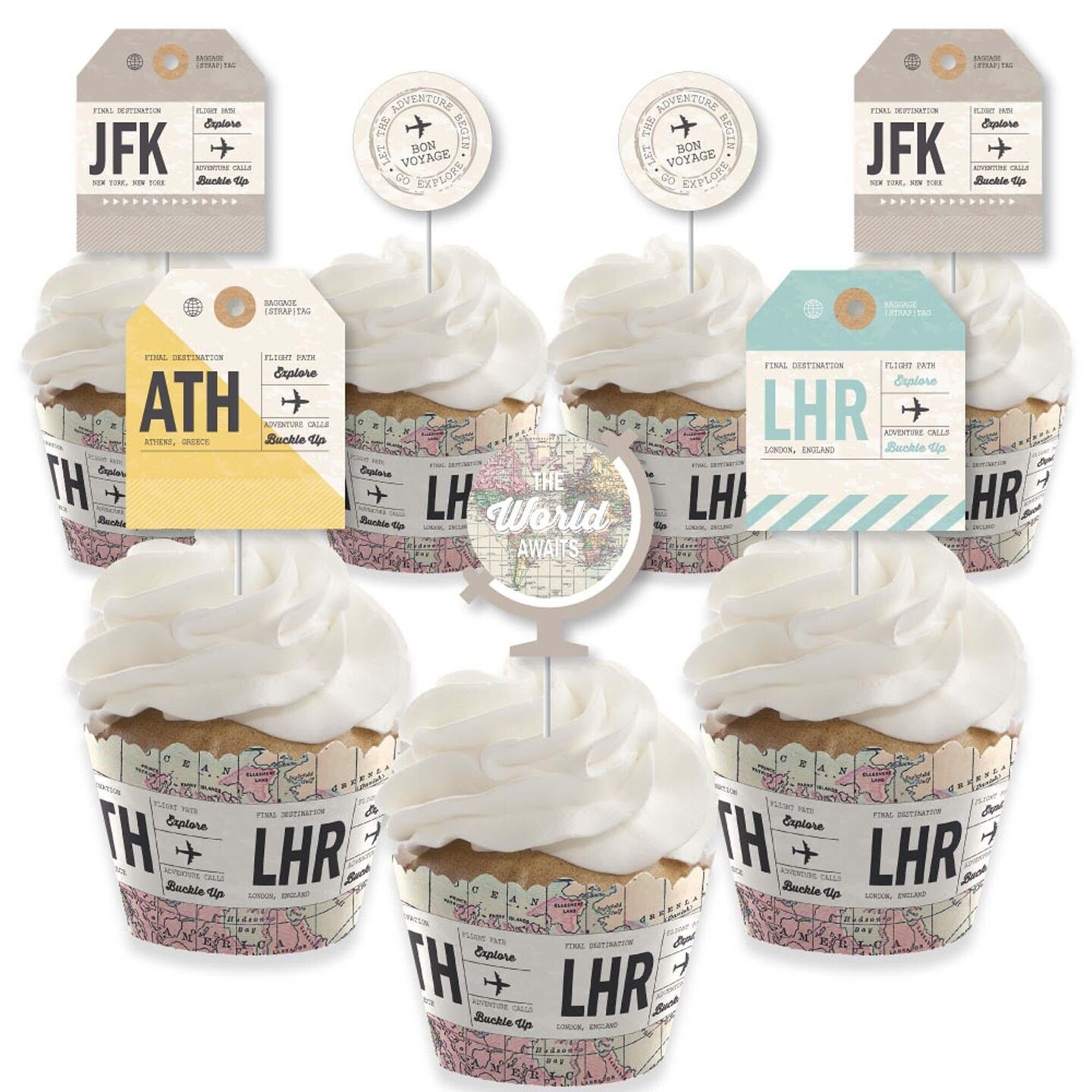 Big Dot of Happiness World Awaits - Cupcake Decoration - Travel Themed Party Cupcake Wrappers and Treat Picks Kit - Set of 24