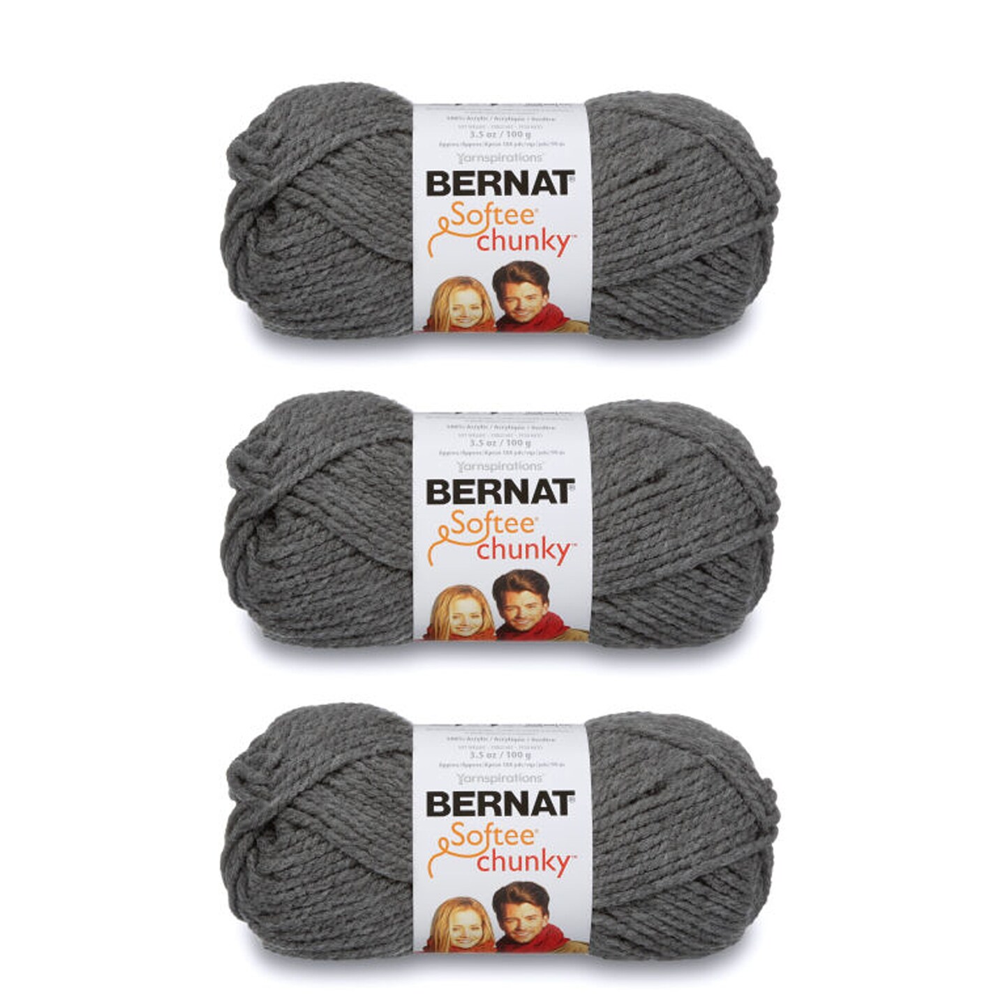 Bernat Softee Chunky True Gray Yarn 3 Pack of 100g 3.5oz Acrylic 6 Super Bulky 108 Yards Knitting Crochet