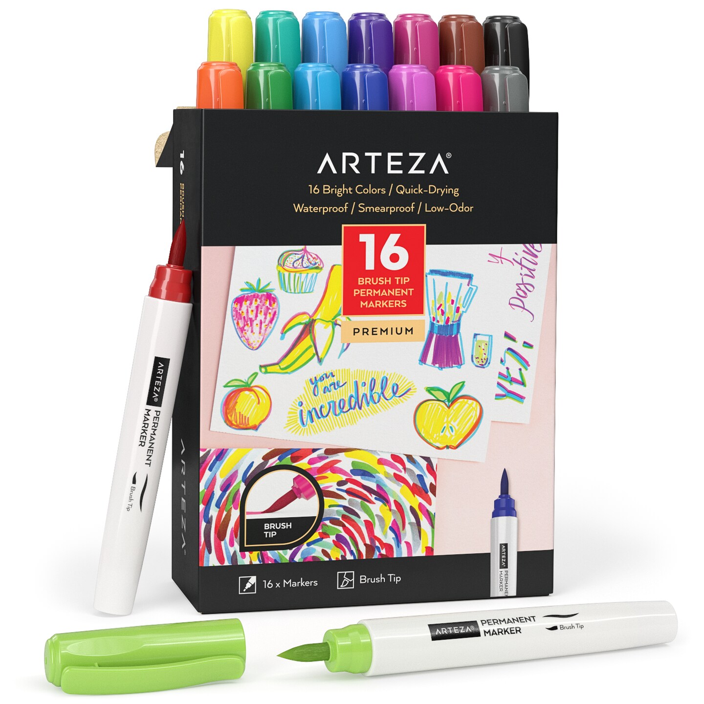 Arteza Set of 16 Permanent Markers, Assorted Colors, Brush Nib
