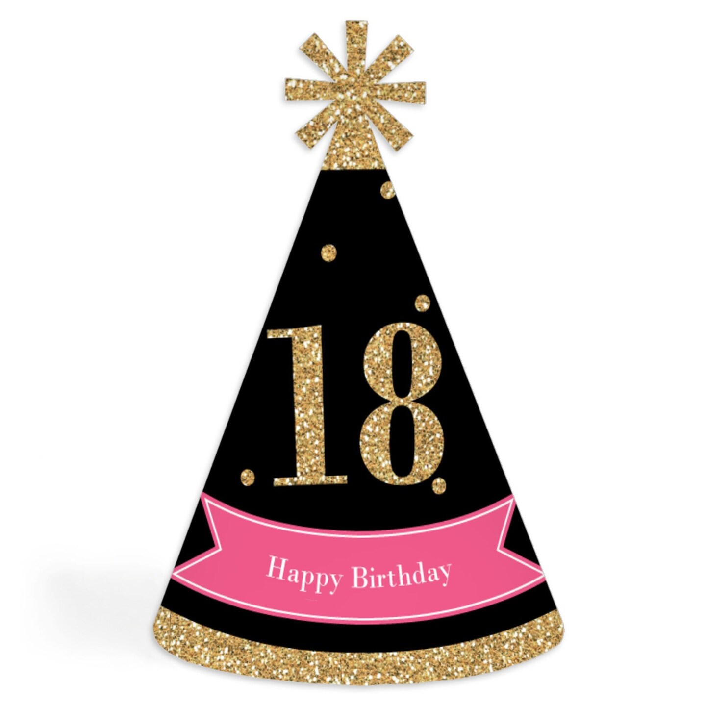 Big Dot of Happiness Chic 18th Birthday - Pink, Black and Gold - Cone Happy Birthday Party Hats for Adults - Set of 8 (Standard Size)