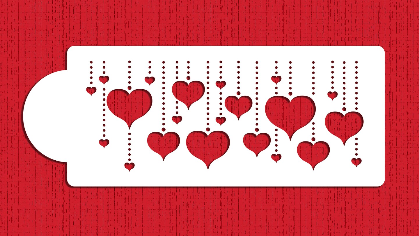 Hanging Hearts Cake Stencil | C930 by Designer Stencils | Cake Decorating Tools | Baking Stencils for Royal Icing, Airbrush, Dusting Powder | Reusable Plastic Food Grade Stencil for Cakes | Easy to Use & Clean Cake Stencil