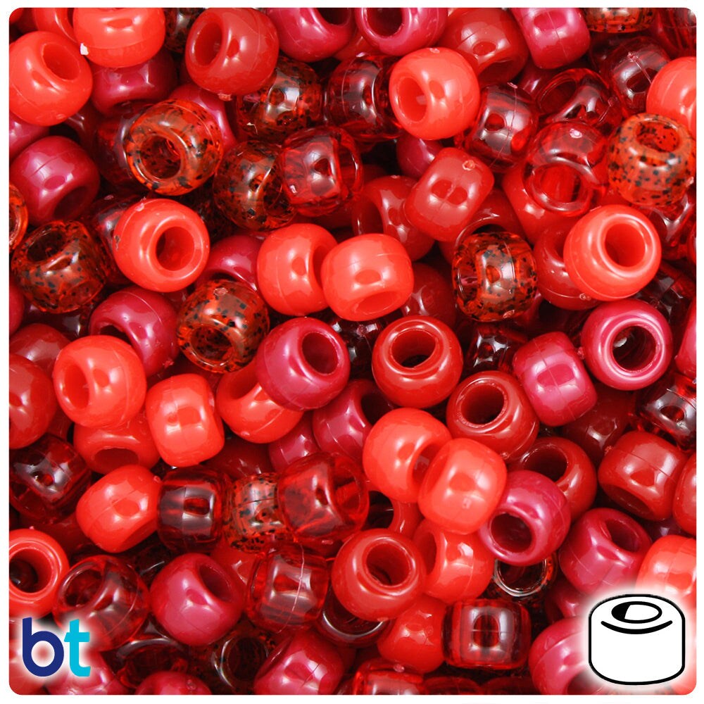 BeadTin Red Mix 9mm Barrel Plastic Pony Beads (500pcs)