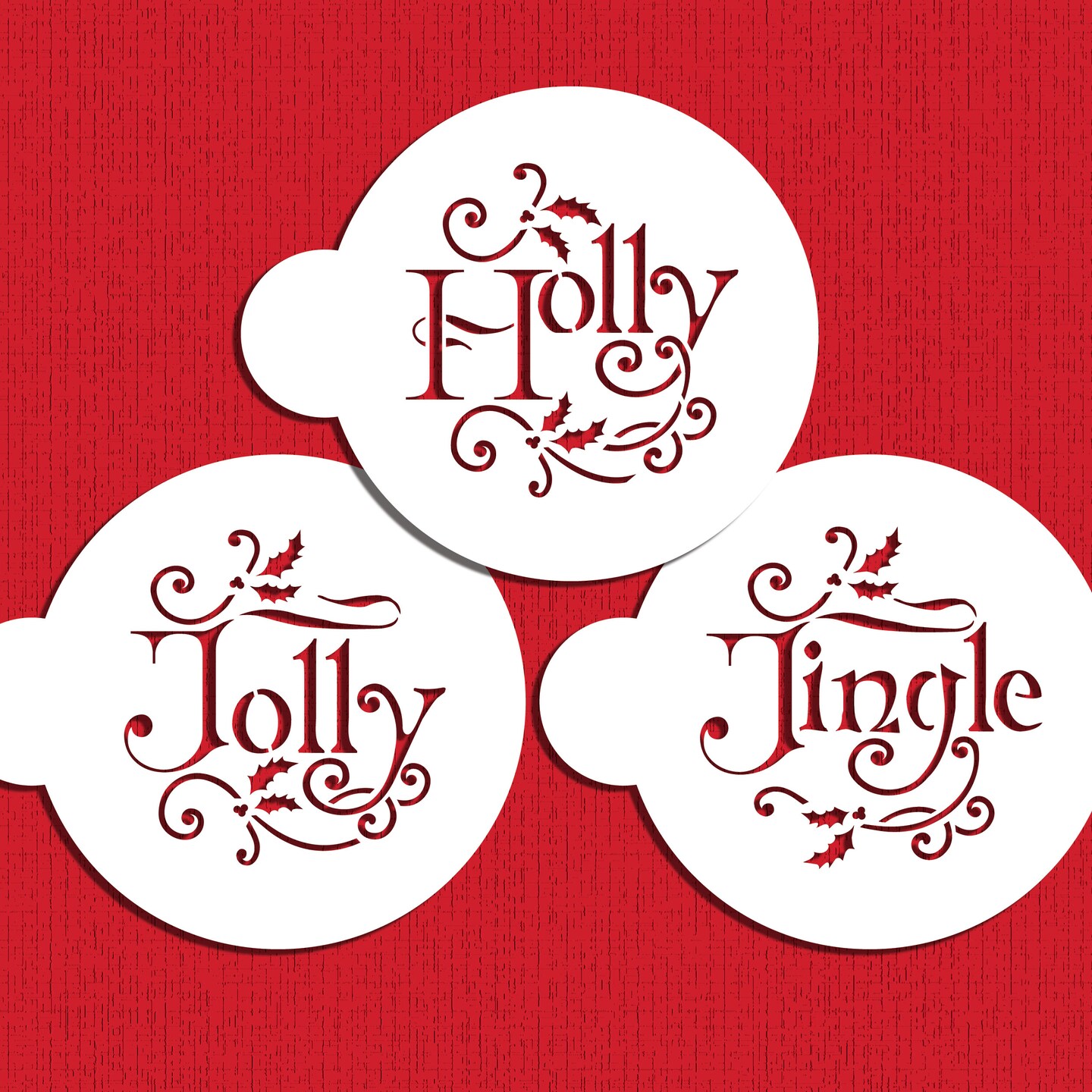 Holly, Jolly and Jingle Cookie Stencil Set | C978 by Designer Stencils | Cookie Decorating Tools | Baking Stencils for Royal Icing, Airbrush, Dusting Powder | Reusable Plastic Food Grade Stencil for Cookies | Easy to Use & Clean Cookie Stencil